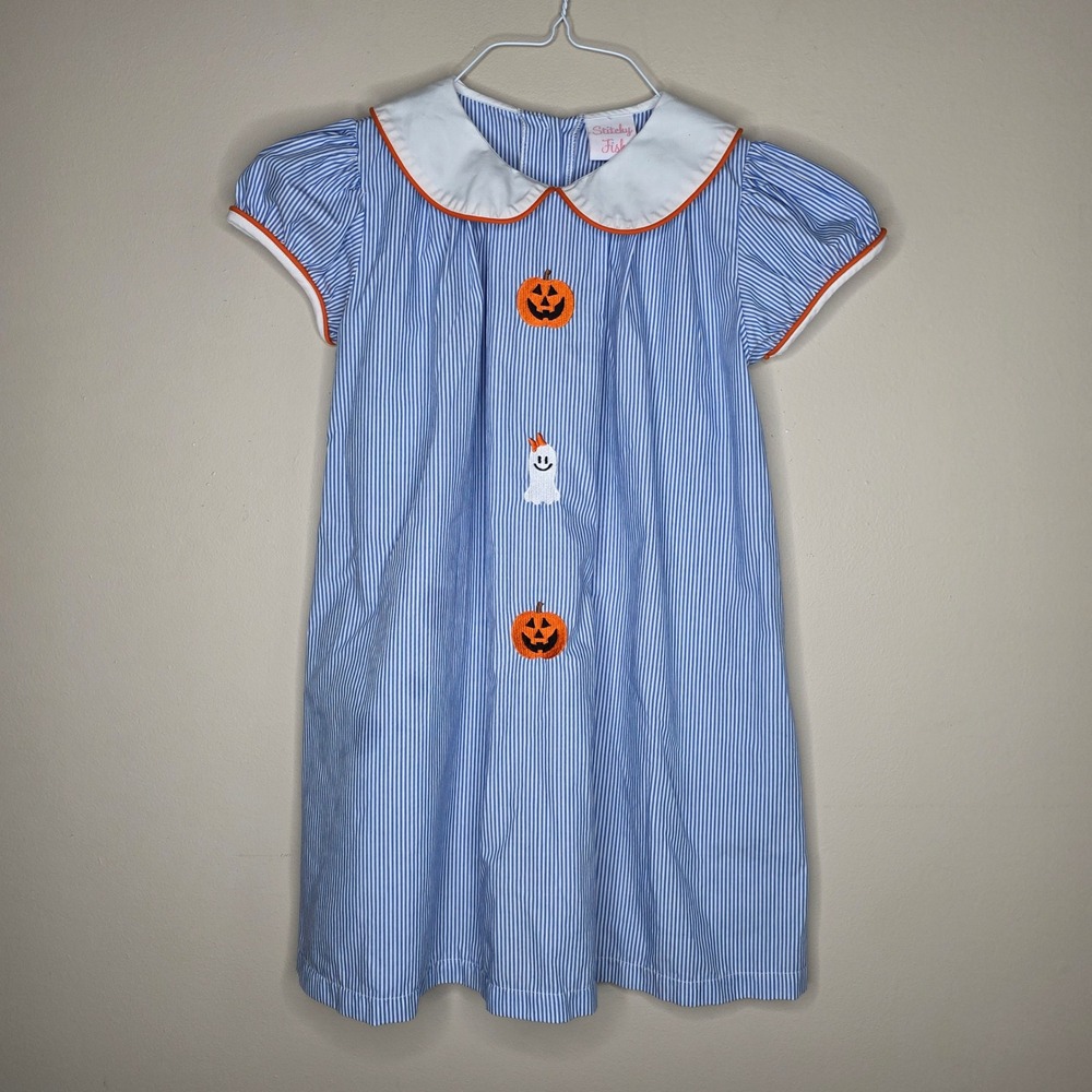 Stitchy Fish Dress Girls 7 Blue White Embroidered Halloween Pumpkin Ghost Boutiq